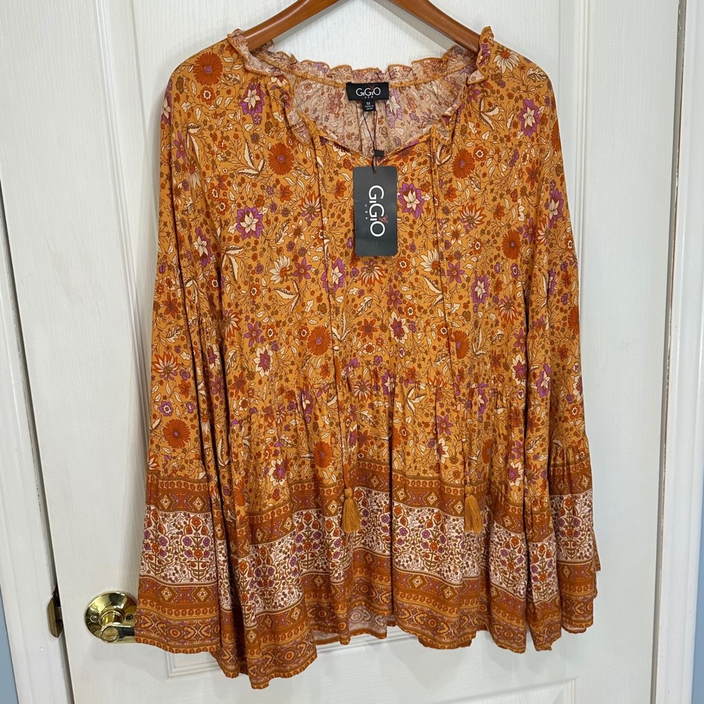 GIGIO USA Orange Floral Boho Bell Sleeve Tassel Babydoll Tunic Top Medium NWT - Picture 2 of 9